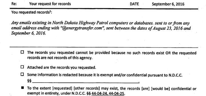North Dakota Highway Patrol Refuses to Release Emails with Energy Transfer Partners